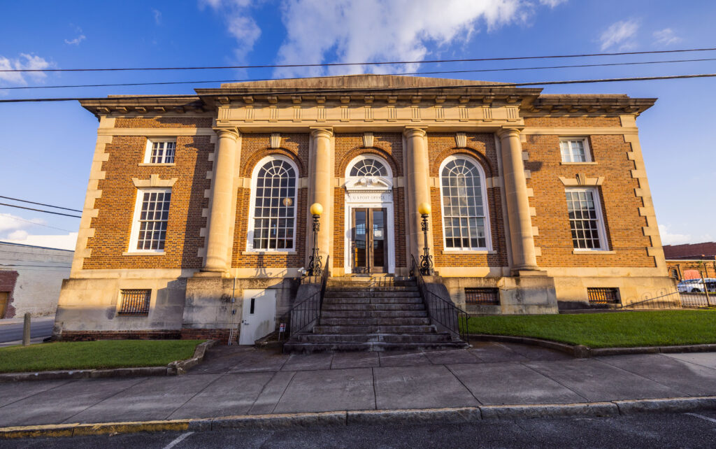Outside view of the Old Post Office at golden hour