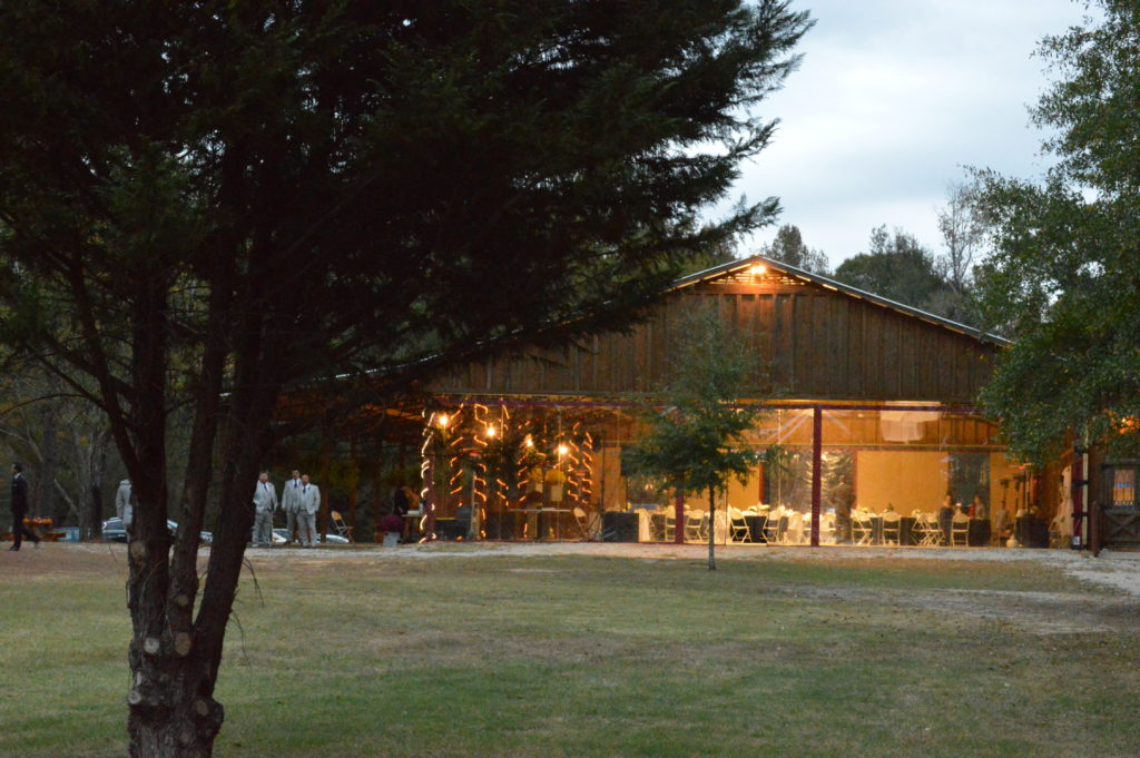 outside view of Rinesdi at dusk, with twinkling lights hanging from the rafters.