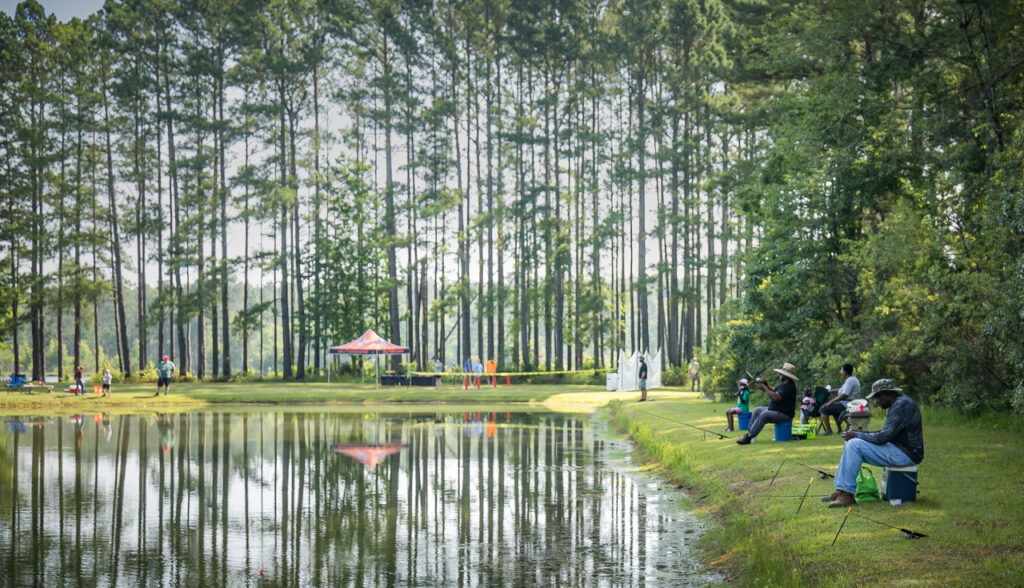 People fishing surrounded by pine trees at Hugh Gillis PFA.