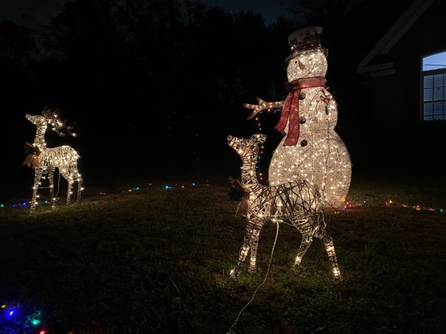 Snowman of lights behind deer of lights with another deer far to the left Cruising for Christmas Lights