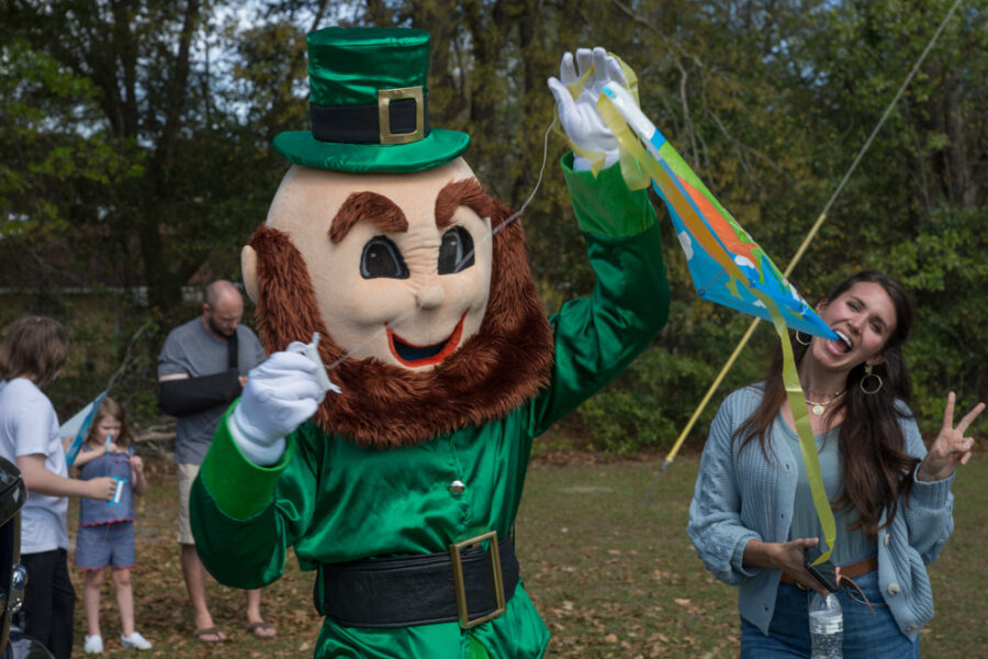 Lucky the leprechaun attempting to catch a breeze during the Kite Flying Jamboree.