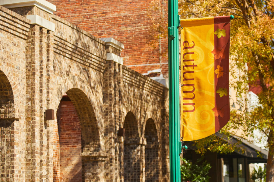 Autumn Banner Flies in Downtown Dublin GA - You Autumn Know|Autumn in Dublin GA|girl in fall t-shirt and face paint painting a pumpkin at a country pumpkin patch|Little girl with face paint painting a pumpkin at a country pumpkin patch in Autumn