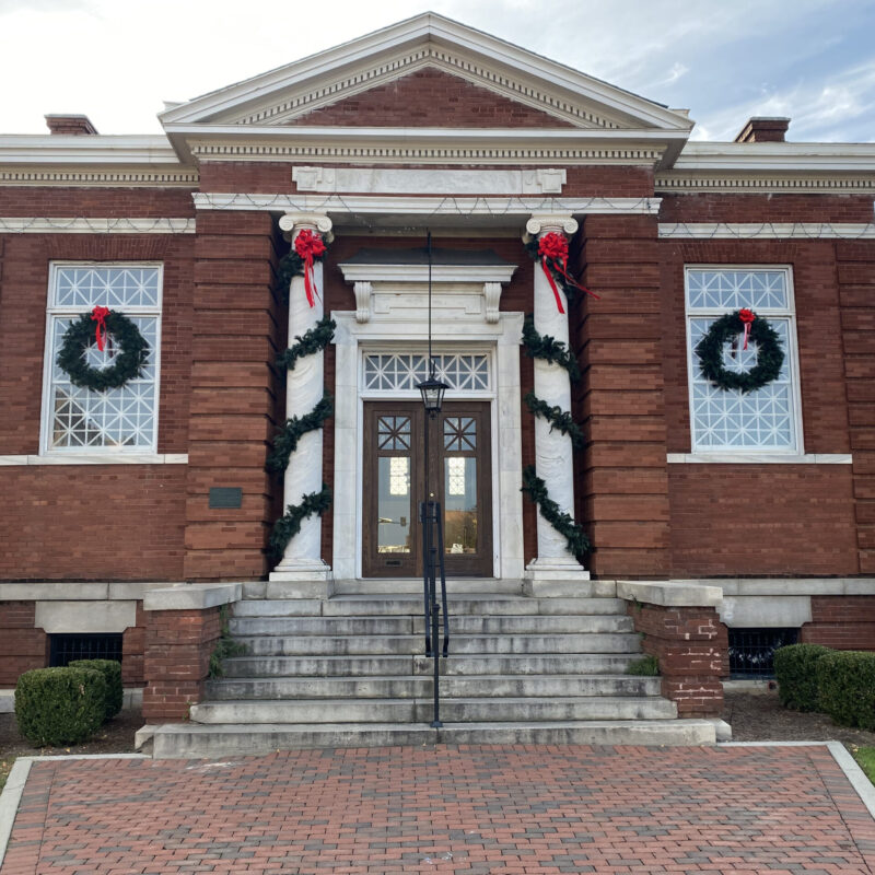front view of Dublin Carnegie with Christmas wreaths