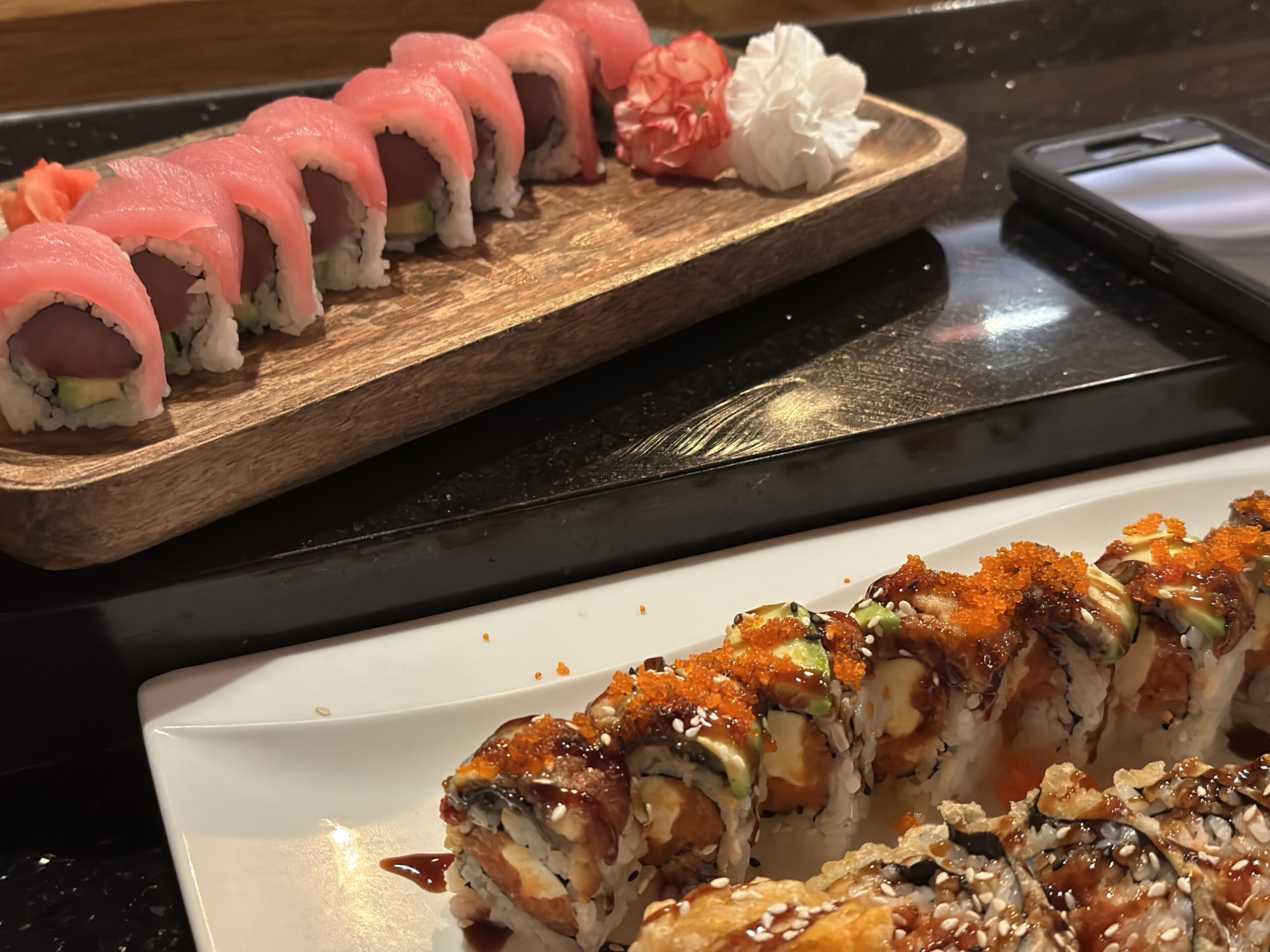 Two plates of colorful sushi, perfect for sharing at Little Tokyo.