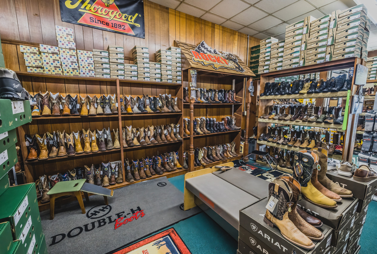hundreds of boots line the shelves at Strickland's Boots