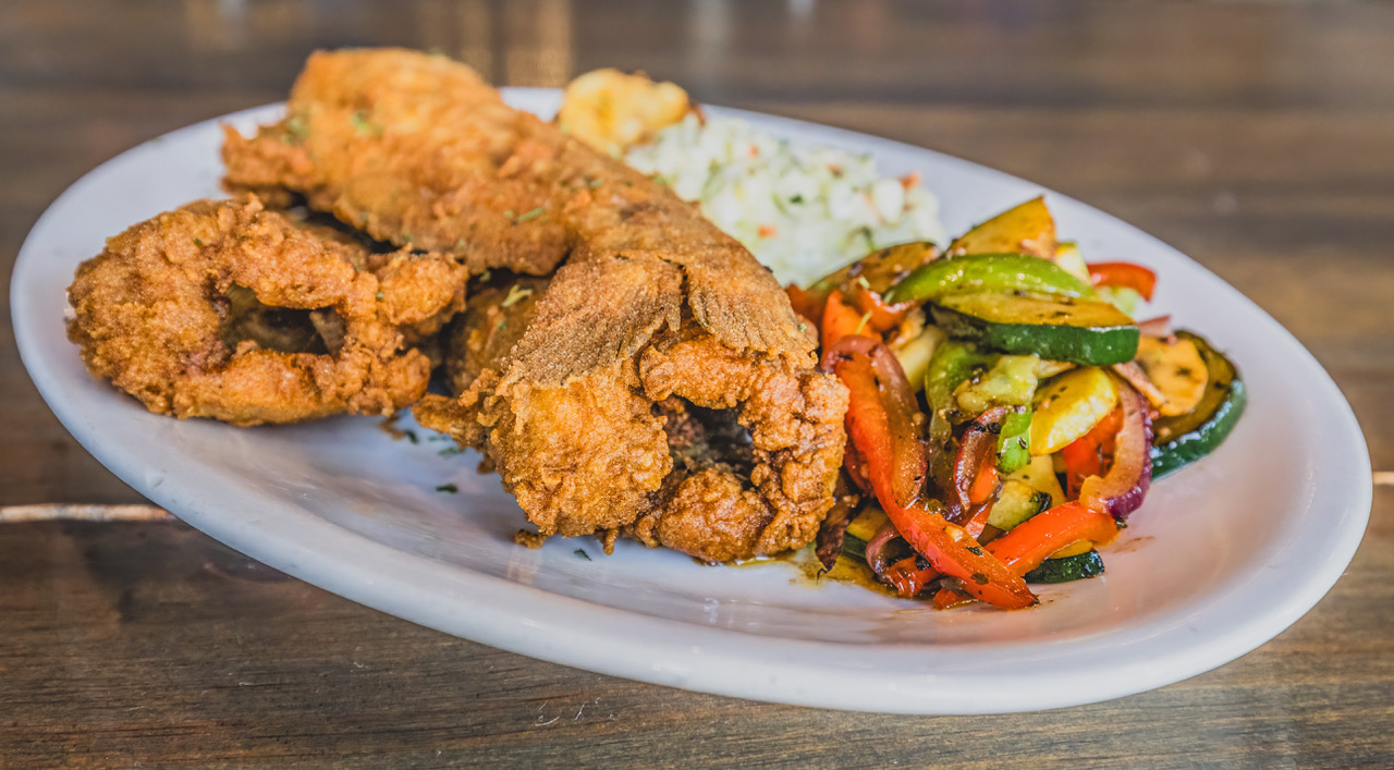 Saltwater's fried catfish with summer vegetables