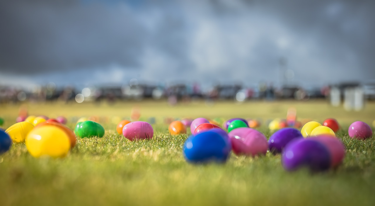 Eggs spread out over a field during the Easter Egg Drop.