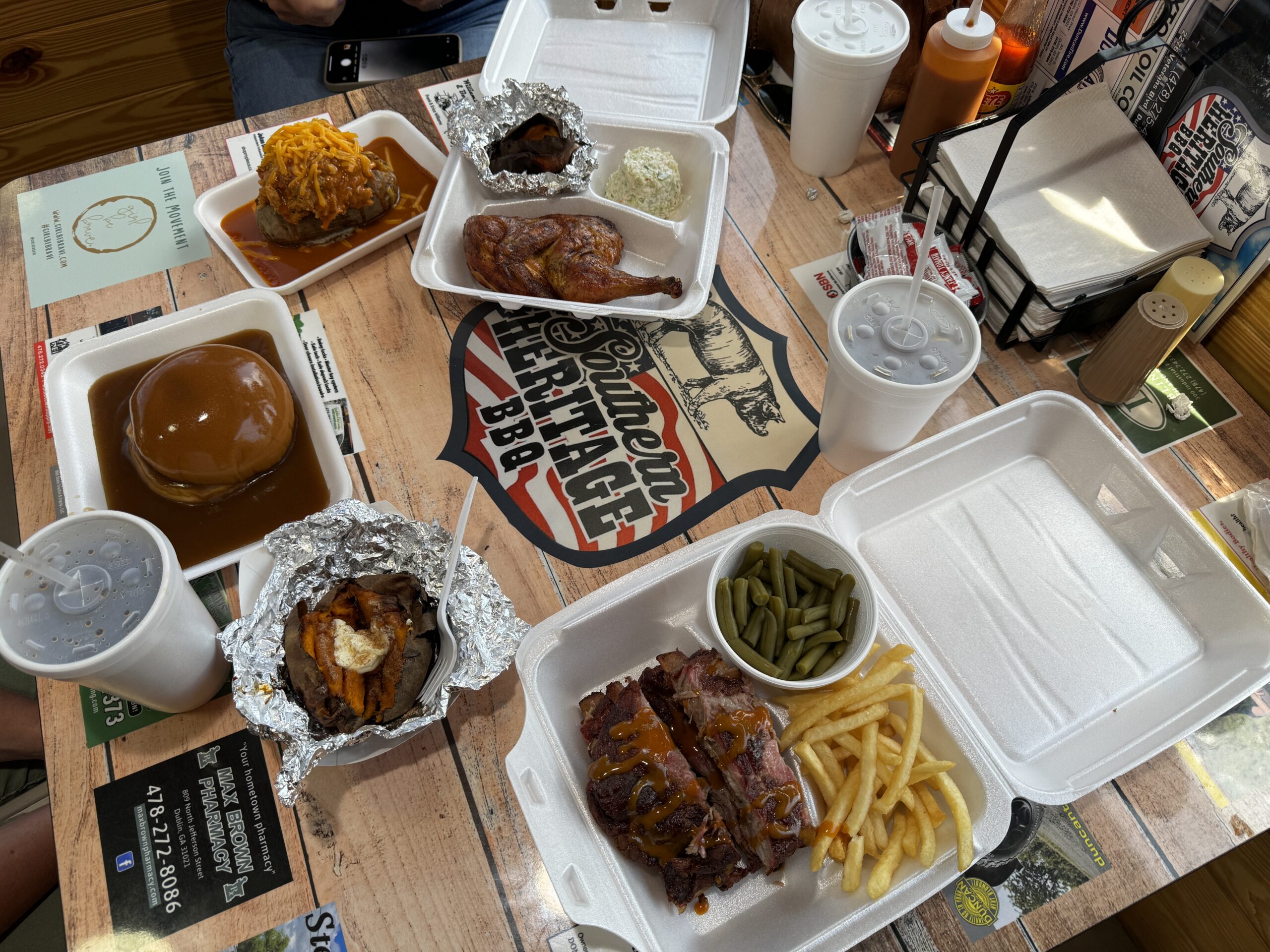 Table loaded with menu options from Southern Heritage BBQ.