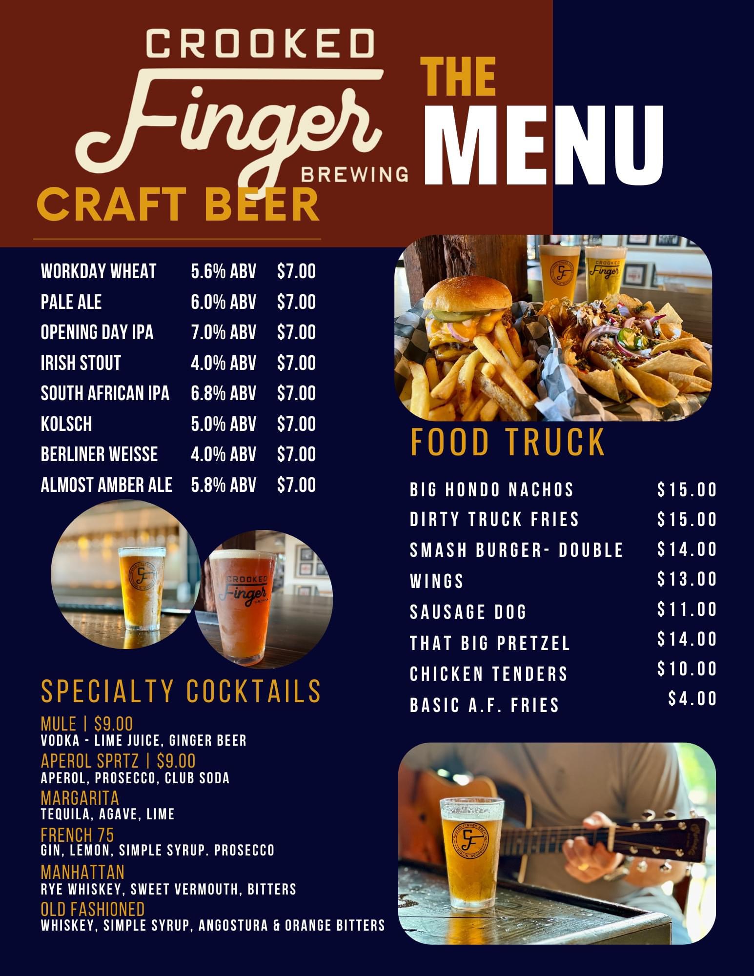 Detailed food and drink menu for Crooked Finger Brewing.