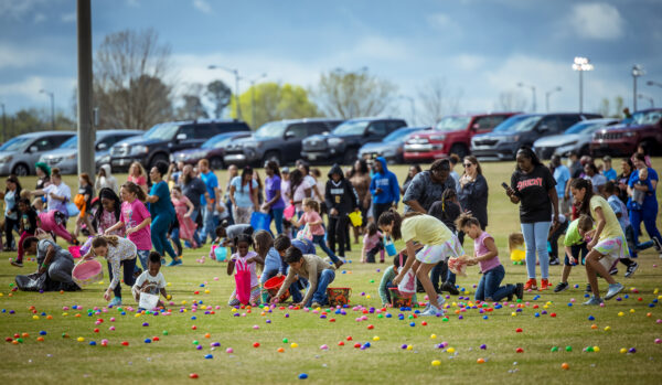 Children and Parents run around grabbing eggs off the ground at the Easter Egg Hunt