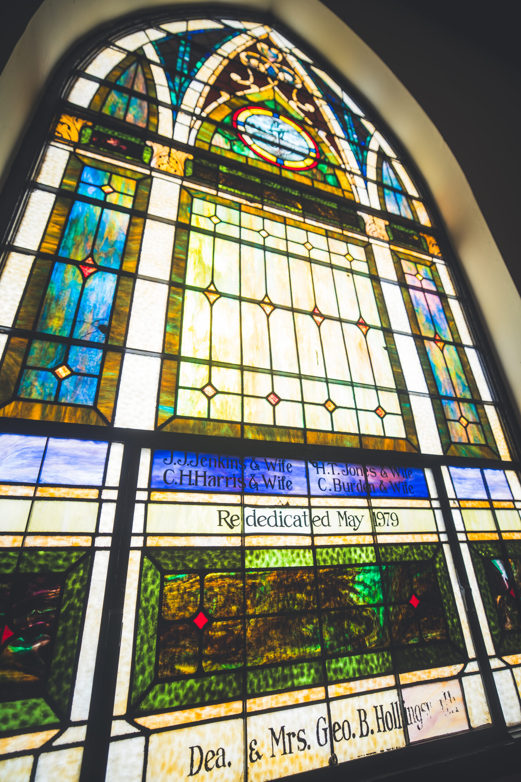 Stained glass window inside the sanctuary of First African Baptist Church where the historic bell celebration will take place.