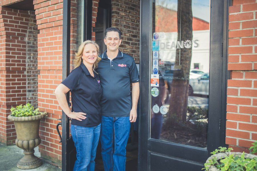 Rob and Jennifer Shaffer posing in front of their business Deaon's Italian, a cornerstone business in Downtown Dublin for 16 years.